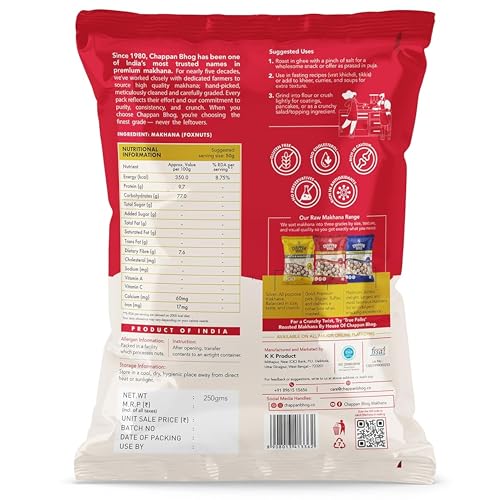 Image of Chappan Bhog Gold Makhana 250g x 4 | 5+ Suta Extra Large Foxnuts (Phool Makhana) | Raw Makhana (Lotus Seeds) | Healthy Snack | High Protein, Keto and Gluten Free | Fasting and Evening Diet Snack | Low in fat