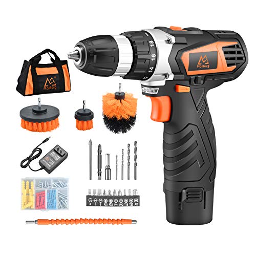 MAIBERG Cordless Drill Driver Set, 12V Battery Electric Power Drill with 3/8 inches Keyless Chuck, 2 Variable Speed, 23pcs Accessories include Drywall Anchor Screws, Brushes, Drill Bits and Soft Bag