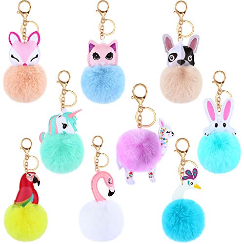 Willbond 9 Pieces Animal Pom Pom Keychain Cute Faux Fur Key Ring For Women Girls Bag Accessories #TOP19