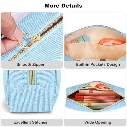 Image of FINPAC Pencil Case, Corduroy Aesthetic Makeup Bag, Cute Kawaii Pen Bag Pouch Holder Box Organize for Study, Office, or Travel (Ocean Blue)