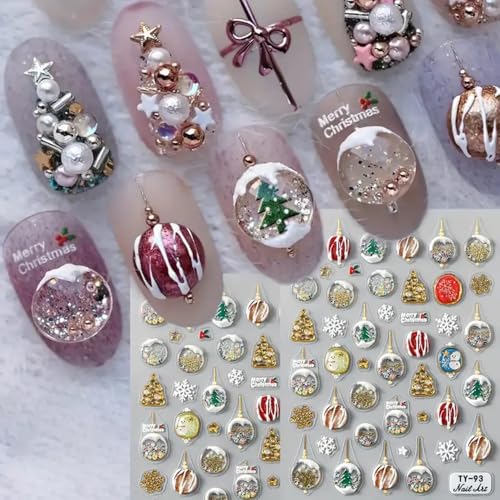 2 Sheets Christmas Crystal Ball Nail Stickers 5D Self Adhesive - Winter Snowman Nail Decals, Snowflakes & Xmas Tree Designs - 5D Embossed Decals for Holiday Manicure