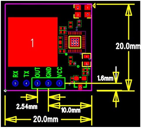 Technical drawing of the MG5820 module with dimensions and pin spacing