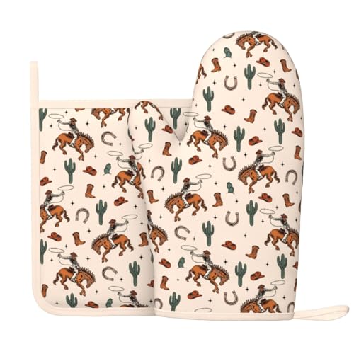Western Cactus Cowboy Boho Silicone Oven Mitts Pan Mats Set of 2, Heat Resistant Gloves Potholder with Non-Slip Grips Hanging Loops Pot Holder, Spring Summer for Chef Cooking, Baking, Grilling, BBQ
