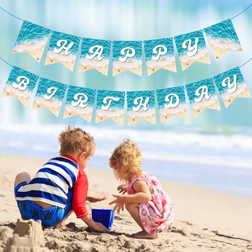 Ocean Beach Happy Birthday Banner 2-Piece Pre-Strung Summer Beach Birthday Party Decoration Blue Wave Cutout Banners for Pool Under The Sea Party Supplies - image 8