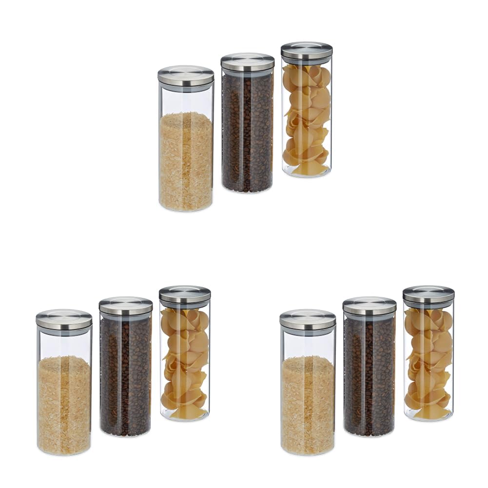 Relaxdays Vorratsglas 3er Set, luftdicht, Edelstahl Deckel, für Pasta, Müsli & Reis, 1,5 l Küchenbehälter, Silbertransparent, 24 x 9.5 x 9.5 cm, Silber Transparent (Packung mit 3)