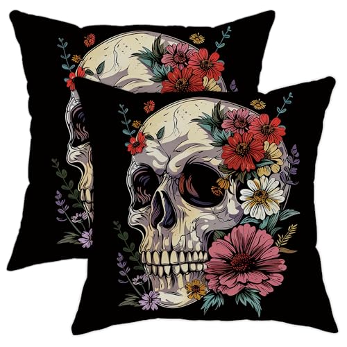 Lot de 2 housses de coussin décoratives en velours coloré avec fermeture éclair - Motif squelette et tête de mort - Style réaliste et élégant - Pour...