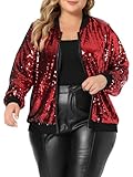 Agnes Orinda Plus Size Sequin Bomber Jackets for Women 2025 Sparkle Shiny Glitter Party Concert Outfits 2X Red