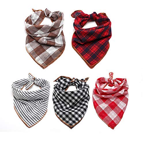TRAVEL BUS Dog Bandana- 5pcs Washable Dog Bandanas Square Reversible Plaid Stripe Printing Dog Kerchief Set Scarf Accessories for Small to Large Dogs Cats Pets