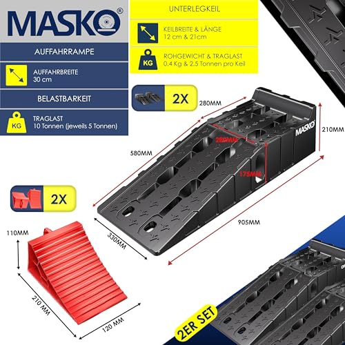MASKO® Auffahrrampe 2er Set | Auffahrkeile bis 10T Traglast | KFZ-Rampe mit Überfahrschutz | Verladerampe rutschfest, robust und extra breit | Garagenrampen Autorampe Ölwechsel und Reparatur