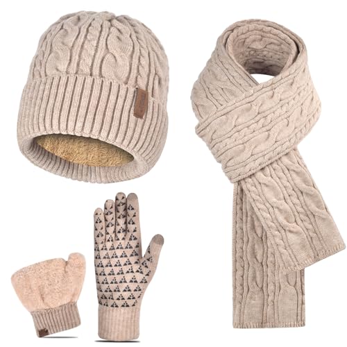 Beanie Hat Gloves Scarf Set for Men Winter Warm Knit Knitted Neck Warmer Touchscreen Glove Cap 3 in 1 Khaki Thermal Fleece Wool Lined for Cold Weather Snow