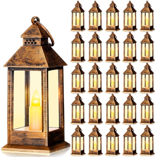 Hoolerry 24 Set Mini Lanterns with Flickering LED Candles 5.5'' Decorative Hanging Small Vintage Lantern Centerpiece Battery Powered for Wedding Table(Retro)