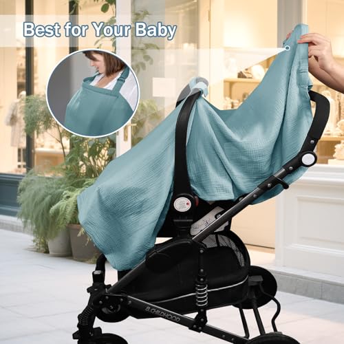 Image of Hooyax 2-in-1 Baby Car Seat Cover & Nursing Cover, 100% Muslin Cotton, Breathable Car Seat Canopy and Privacy Breastfeeding Cover, Blue