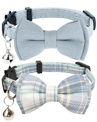 Gyapet Cat Collar Breakaway Bowtie Safety with Bell Adjustbale Kitten Puppy Solid Plaid Color Set D-[2pcs] Blue