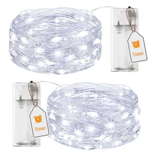 btfarm 2 Stück Lichterkette Batterie mit Timer 2M 20 LED Micro Silberdraht Lichterkette Draht Innen Batteriebetrieben für Party Schlafzimmer Weihnachten Hochzeit Halloween Deko Kaltes Weiß