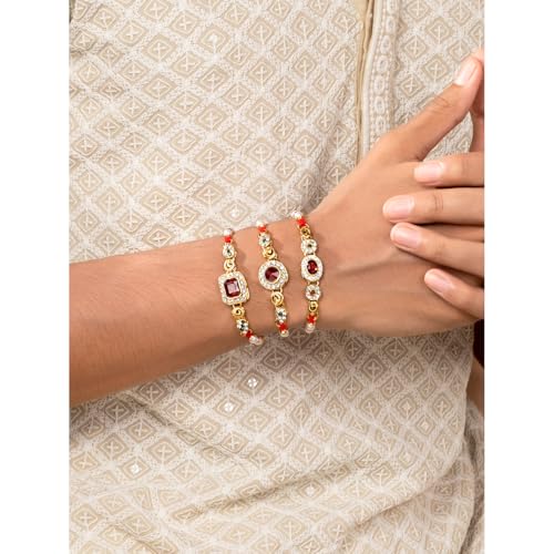 Image of Peora Rakhshabandhan Thread Rakhi for Brother Bhaiya | Crystals & Kundan Studded | Combo, Set of 3 | Rakhi Hamper with Roli Chawal & Greeting Card