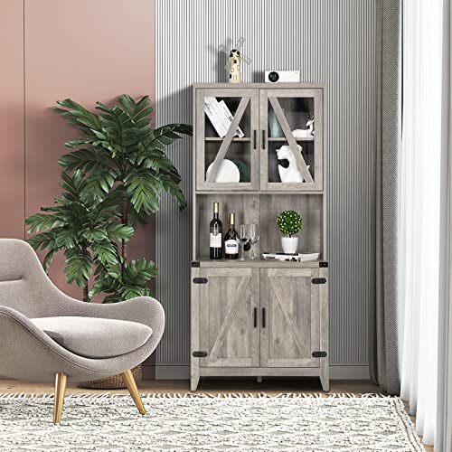 Image of VINGLI 67 inch Kitchen Pantry Storage Cabinet,Farmhouse Freestanding with Microwave Stand,2 Cabinet,Adjustable Shelves