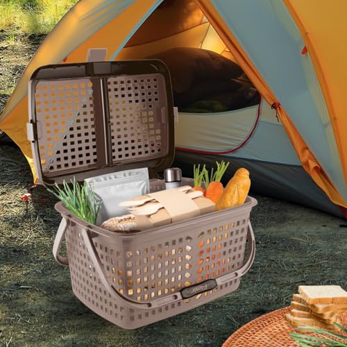 Image of FLAIR Dual Compartment Storage Basket - Sturdy Plastic Organizer with Handles & Lid | Plastic Multipurpose Trendy Shopping Big Basket | Ideal for Kitchen, Bathroom (Beige, 1 Pc)