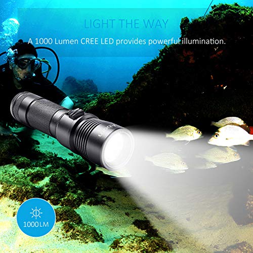 Abom Pro Diving Flashlight Kit, 1000 Lumen Bright LED Submarine Light Scuba Safety Lights Waterproof Underwater Torch with Rechargeable Battery for Outdoor Under Water Sports, Black