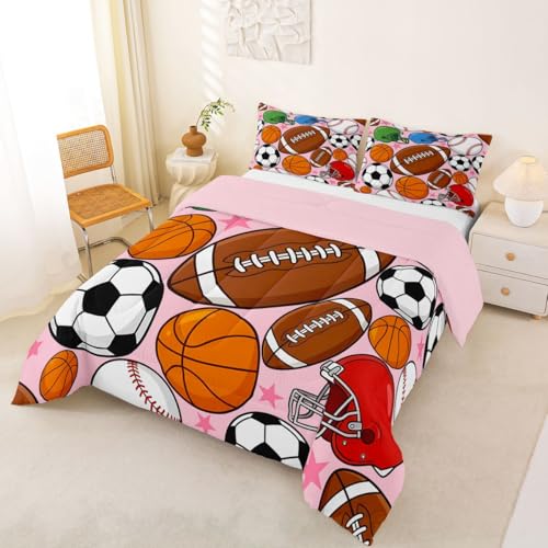Image of Feelyou Football Bedding Set Soft for Boys Girls, Basketball Sports Comforter Set Full Size Baseball Gaming Duvet Quilt Microfiber Pink Soccer Ball Game Bedroom Decor 3 Pcs with 2 Pillow Cases