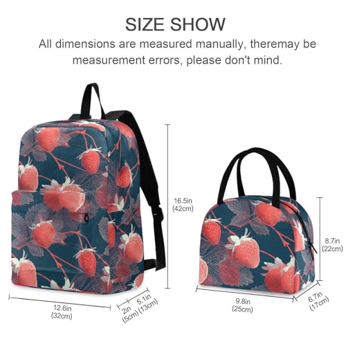 Elegant Strawberry Print Backpack Set with Lunch Bag, Large Capacity Travel Backpacks and Lunch Box Insulated for Commute Hiking Picnic2