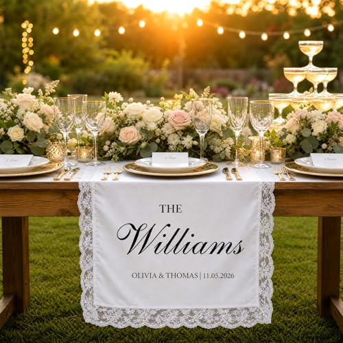 Image of Personalized Wedding Table Runner with Lace Trim, Custom Table Decor Banner | Customized Sweetheart Table Runner with Cheers to Lace Head Table Banner for Wedding Reception Engagement Party