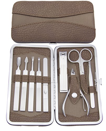Maketop Multi-Functional 9-Piece Silvery Stainless Steel Manicure/Pedicure Set, Brown