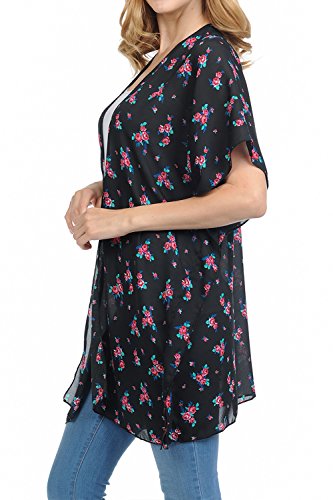 Image of BASICO Women's Floral Print Kimono Cardigan Loose Open Front Lightweight Summer Tops (One Size, Cardigan # Black)