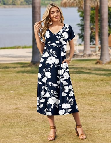 Image of Zeagoo Women Summer Floral Dress Short Sleeve Beach Dress with Pockets Casual V-Neck Split Long T-Shirt Dress Travel Vacation