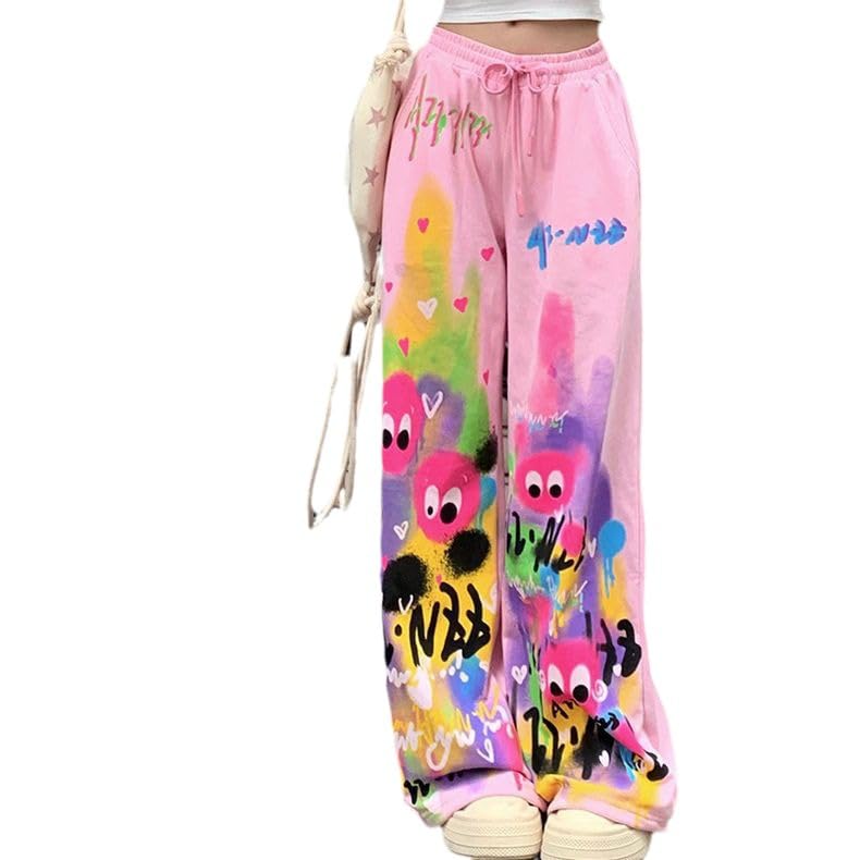 Pink Wide Leg Pants 2024 Summer New Loose Graffiti Casual Pants Sports Pants for Women Y2K Pants