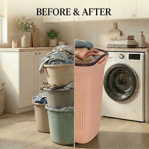 Image of Plastic Laundry Basket with Lid | 60L Extra Large Knit Hamper | Strong & Durable | Ideal for Bathroom, Bedroom & Kids Room | Multipurpose Cloth Storage Organiser | 36 x 46 x 61 cm | Light Peach