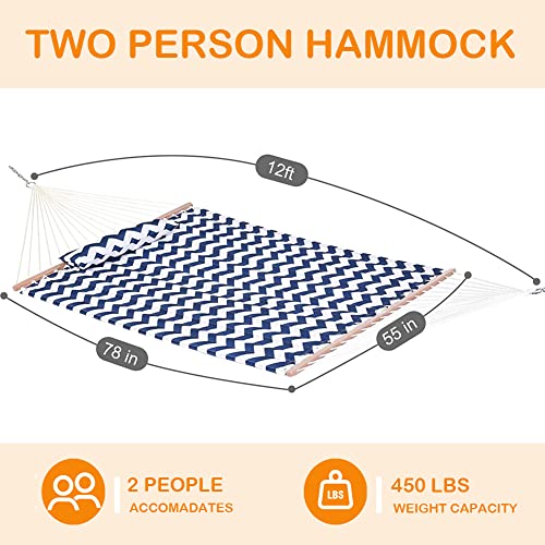 Lazy Daze Hammocks 12 Ft Double Quilted Fabric Hammock With Spreader Bars And Detachable Pillow, 2 Person Hammock For Outdoor Patio Backyard Poolside, 450 Lbs Weight Capacity, Blue Chevron #TOP5
