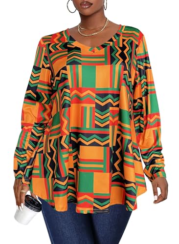 Afibi Dressy Shirts for Women African Dashiki Long Sleeve V Neck Loose Tunic Tops2