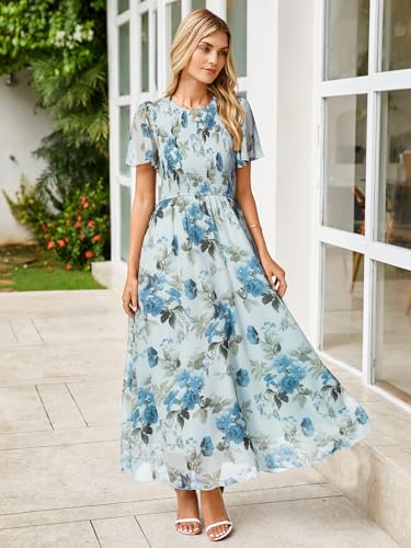 Image of Simplee Womens Casual Floral Summer Maxi Dress 2026 Boho Flowy Short Sleeve Crew Neck Vacation Smocked Chiffon Dresses