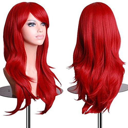 XVbond Women's Wig 28" Fluffy Curly Wavy Hair Wigs for Girl Heat Friendly Synthetic Cosplay Halloween Party Wigs with Wig Cap (Red)