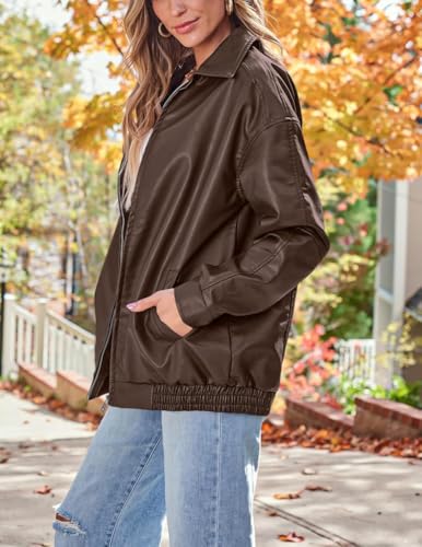 Womens Oversized Leather Jackets, Autumn Winter PU Jacket Loose Zipper Long Sleeve Jacket Coat Solid Color3