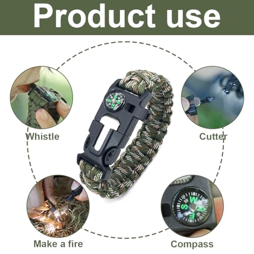 FIMWOLZ 2 Pcs Survival Armband mit Pfeife Feuerstein und Kompass Multifunktionales Paracord Armband für Outdoor-Aktivitäten mit 2 Paracord Armband