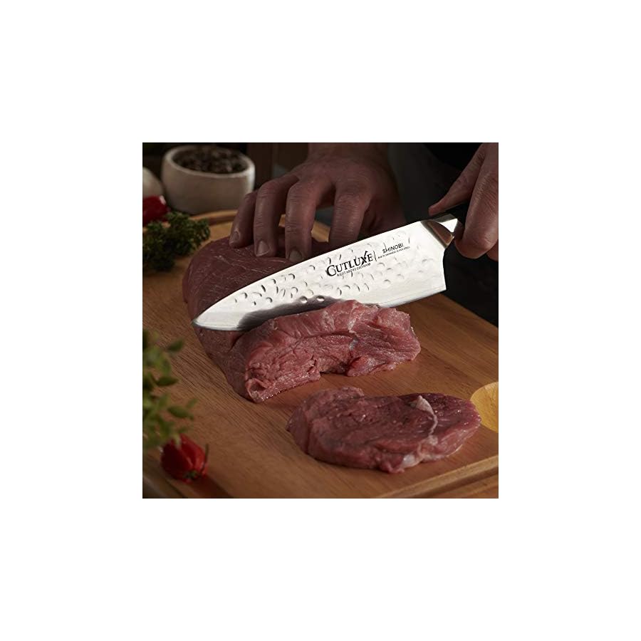 CUTLUXE-Chef-Knife-8-Damascus-Japanese-AUS-10-Steel--Ergonomic-G10-Handle--Hammered-Blade-Finish--Shinobi-Series Cutluxe Shinobi Damascus Chef Knife – 8" Damascus Kitchen Knife, Japanese Blade, AUS-10 Steel – Razor Sharp – Full Tang & Ergonomic G10 Handle Design