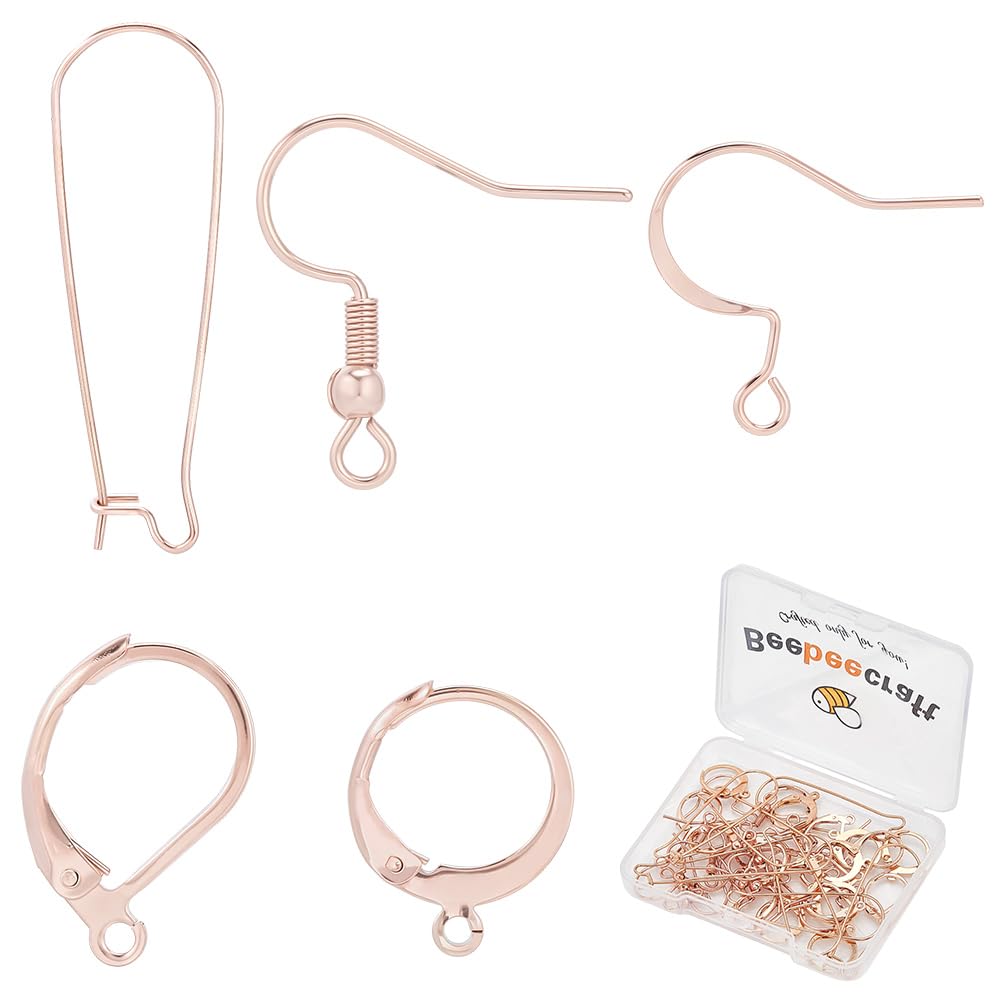 Beebeecraft 50Pcs 5 Styles French Earring Hooks Rose Gold Plated 304 Stainless Steel Round Leverback Huggie Ear Wire Fish Hooks for Jewellery Making Diy Ear Craft