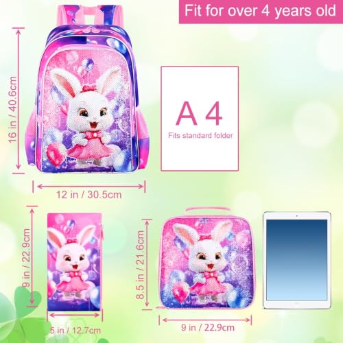 Image of 16 inch Bunny Backpack, 3Pcs Girls Sequin Bookbag for Elementary Preschool Kindergarten, Kids School Backpacks with Lunch Box(Pink)
