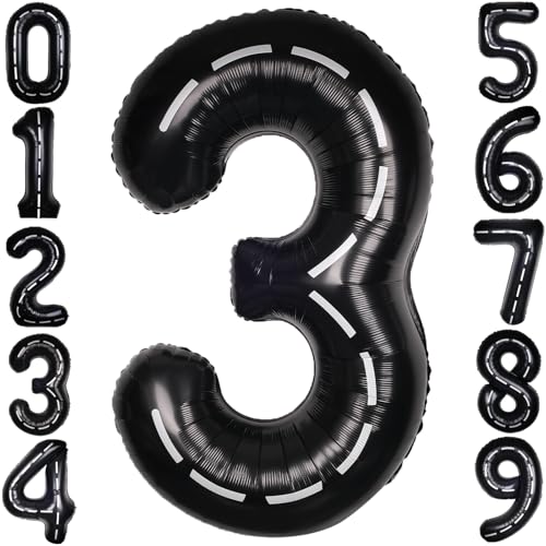 Image of Race Car 40 Inch Black 3 Big Large Helium Balloon Number 0-9 | Track Giant Digital 3rd Foil Mylar Party Balloons for Men Birthday Car Theme Anniversary Graduation Decorations
