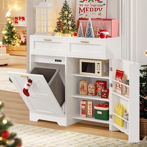 VECELO Tilt Out Trash Cabinet, 9 Gallon Cabinet Trash Can with 2 Drawers, Free Standing Recycling Trash Can Storage with Ozone Generator/Charging Station, Pet Proof, White