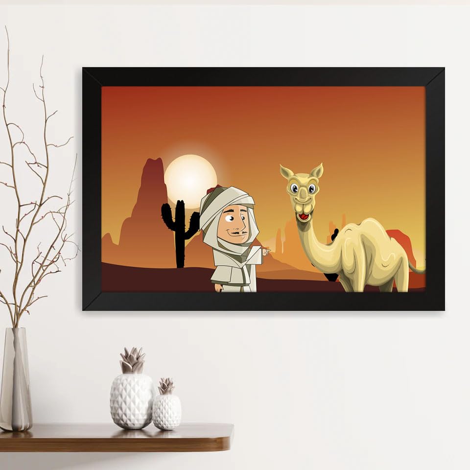 GADGETS WRAP Printed Photo Frame Matte Painting for Home Office Studio Living Room Decoration (14x11inch Black Framed) - Desert Safari Camel Cartoon Illustration