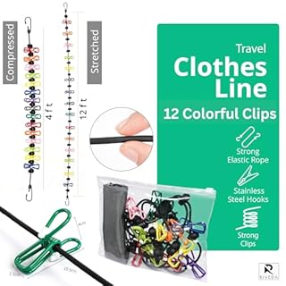 Portable Travel Clothesline with 12 Colorful Clips & Bag, Elastic RV & Camping Clothes Line for Indoor Laundry Drying Line & Outdoor Camping Accessories (Elastic)