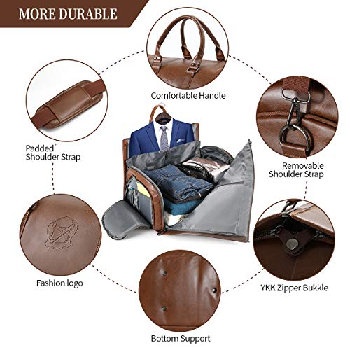 Convertible Leather Garment Bag with Shoes Compartment, Large Carry on Duffel Bag for Men Women - Waterproof Travel Weekender Suit Bag Brown