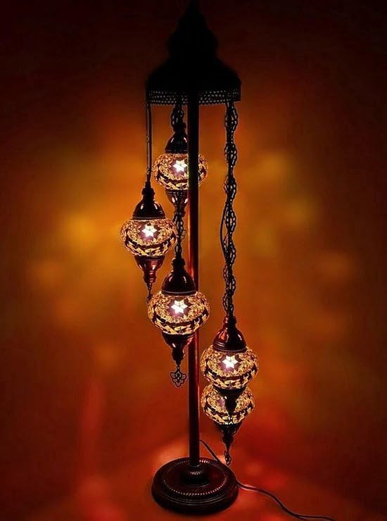 Halay Lampe Turque Lampadaire Mosaïque Marocain Oriental Fait Main Marron 5 boules