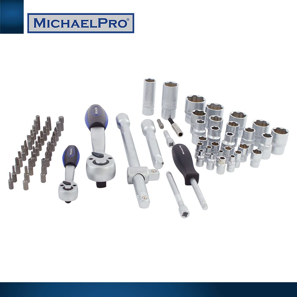 MichaelPro MP005010 1/4" & 1/2" Dr. 72T zestaw kluczy nasadowych, metryczny, magnetyczny uchwyt do bitów, uchwyt obrotowy, drążek przedłużający, z adapterem i wysokiej jakości torbą transportową,