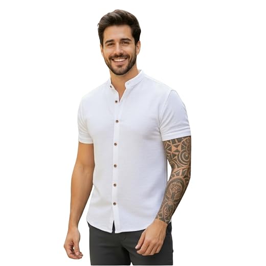 Camisa Social Masculina Manga Curta Gola Padre Elegante e Versatil Tendencia Verão