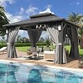 Aoxun 10'x12' Hardtop Gazebo with 4 LED Lights, Outdoor Gazebo with Galvanized Steel Double Roof, Patio Gazebo with Breathable Netting & Privacy Curtain, Decor Hooks for Backyard, Gray