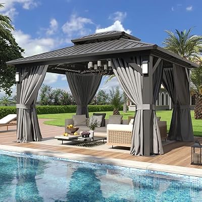 Aoxun 10'x12' Hardtop Gazebo with 4 LED Lights, Outdoor Gazebo with Galvanized Steel Double Roof, Patio Gazebo with Breathable Netting & Privacy Curtain, Decor Hooks for Backyard, Gray
