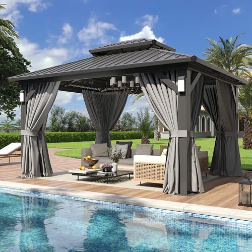 Aoxun 10'x12' Hardtop Gazebo with 4 LED Lights, Outdoor Gazebo with Galvanized Steel Double Roof, Patio Gazebo with Breathable Netting & Privacy Curtain, Decor Hooks for Backyard, Gray